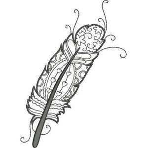 May include: A detailed black and white illustration of a stylized feather. The feather features intricate patterns, including hearts and swirls, with a central stem and decorative edges. The design is set against a plain white background.