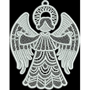 May include: White lace angel ornament with intricate details, perfect for Christmas decorations.