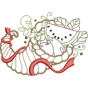 Cornucopia - Machine Embroidery Design, Thanksgiving Cornucopia Outline, Apple, Pumpkin Slice, Eggplant, Autumn Fruits Harvest Embroidery