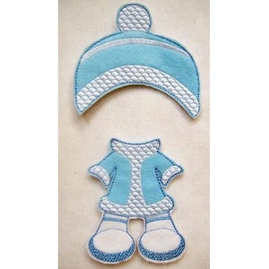 May include: A blue felt applique set for a winter-themed craft project. The set includes a hat, jacket, and boots.