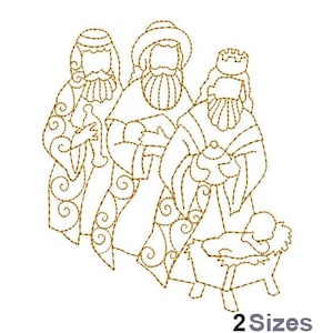 May include: A line art embroidery design of the three wise men visiting baby Jesus in a manger. The design is in gold thread and features the three wise men with gifts, a manger with baby Jesus, and a star above.