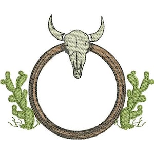 Western Motif - Machine Embroidery Design, Longhorn Cattle Skull Embroidery Design, Cactus Circle Frame Embroidery Design