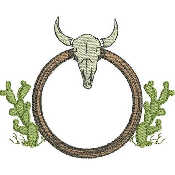 Western Motif - Machine Embroidery Design, Longhorn Cattle Skull Embroidery Design, Cactus Circle Frame Embroidery Design