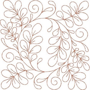 May include: A brown line drawing of a floral design with swirls and leaves. The design is symmetrical and has a vintage feel.