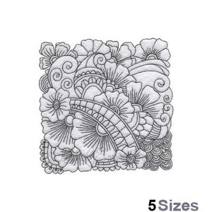 May include: Detailed black and white floral design featuring various flower shapes, swirls, and a curved, patterned element. The text "5 Sizes" is at the bottom, indicating available sizes.