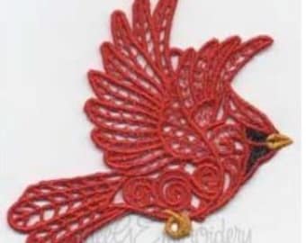 FSL Cardinal - Machine Embroidery Design, Free Standing Lace Cardinal Embroidery Pattern, Christmas Cardinal Embroidery, Bird Embroidery
