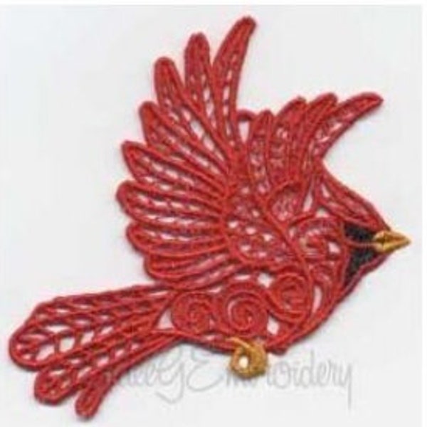 FSL Cardinal - Machine Embroidery Design, Free Standing Lace Cardinal Embroidery Pattern, Christmas Cardinal Embroidery, Bird Embroidery