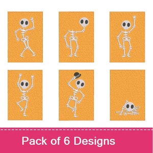 May include: Set of six digital designs featuring a cartoon skeleton in various poses on an orange background. The skeleton is white with black eyes and a black hat in one design.
