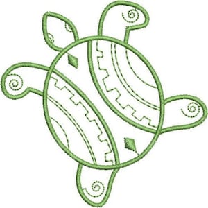 May include: A green line drawing of a stylized turtle with a patterned shell. The turtle is facing right and has a whimsical design.