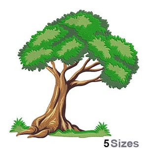 May include: A cartoon illustration of a green tree with a brown trunk and roots. The tree is set against a white background.
