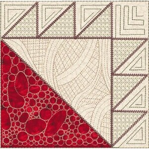 Könnte beinhalten: Ein Quiltblock mit einem Farbschema in Rot, Weiß und Braun. Der Block besteht aus verschiedenen geometrischen Formen, darunter Dreiecke, Quadrate und Kreise. Die Steppung ist im Freihand-Stil ausgeführt, mit einer Vielzahl von Designs.