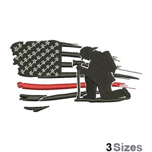 May include: A black and red distressed American flag with a silhouette of a firefighter kneeling in prayer. The firefighter is holding a fire hose in one hand and a helmet in the other. The flag is tattered and torn, symbolizing the sacrifices made by firefighters.