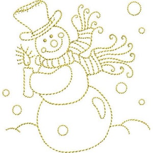Op de afbeelding: Een gouden geborduurde afbeelding van een sneeuwpop met een hoge hoed en een sjaal. De sneeuwpop is omringd door kleine cirkels, die lijken op sneeuwvlokken.