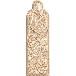 May include: A beige embroidered bookmark featuring a delicate floral and butterfly design.