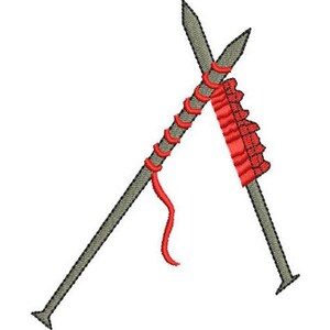 May include: Two wooden knitting needles crossed with red yarn wrapped around them.