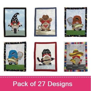 May include: A set of 27 embroidery designs featuring gnomes in various activities, including riding a motorbike, fishing, playing hockey, and wearing a sombrero. The designs are perfect for creating unique and personalised home decor.