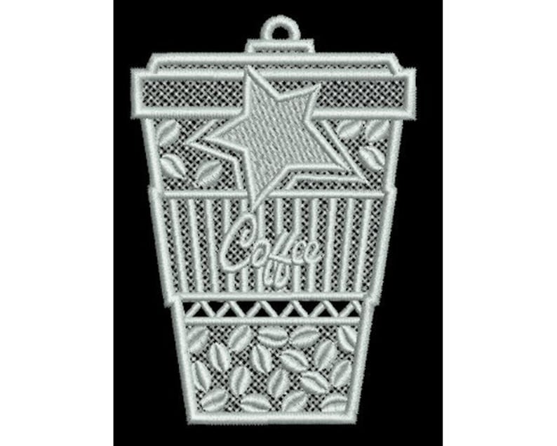 FSL Coffee Container - Machine Embroidery Design, Freestanding Lace Christmas Coffee Mug, Paper Coffee Cup FSL Ornament Embroidery Pattern image 1