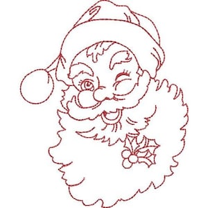 May include: A red glitter outline of Santa Claus's face, winking with a jolly expression. He has a fluffy white beard, a red hat, and a sprig of holly. The image is a festive holiday design.
