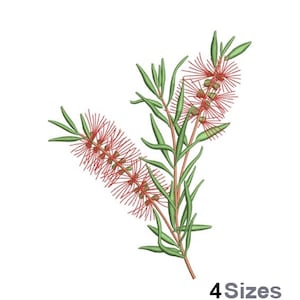 Pode incluir: Um desenho de bordado vermelho e verde de um ramo florido com flores vermelhas de escova de garrafa. O design está disponível em quatro tamanhos.