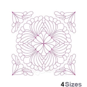 May include: A detailed, symmetrical embroidery design in shades of purple, featuring a central floral motif surrounded by stylized feather-like elements. The design is square, with corner accents. The text "4 Sizes" is at the bottom.