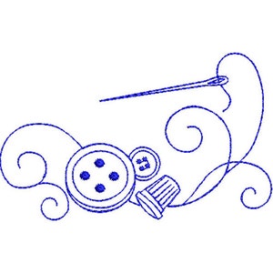 Puede incluir: Un dibujo de línea azul de artículos de costura que incluye una aguja e hilo, un botón, un dedal y un botón con cuatro agujeros. El dibujo está rodeado de espirales.