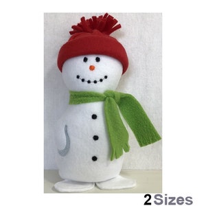 May include: A white snowman with a red hat and green scarf. The snowman has black eyes, a black mouth, and black buttons. The snowman is standing on a white background.
