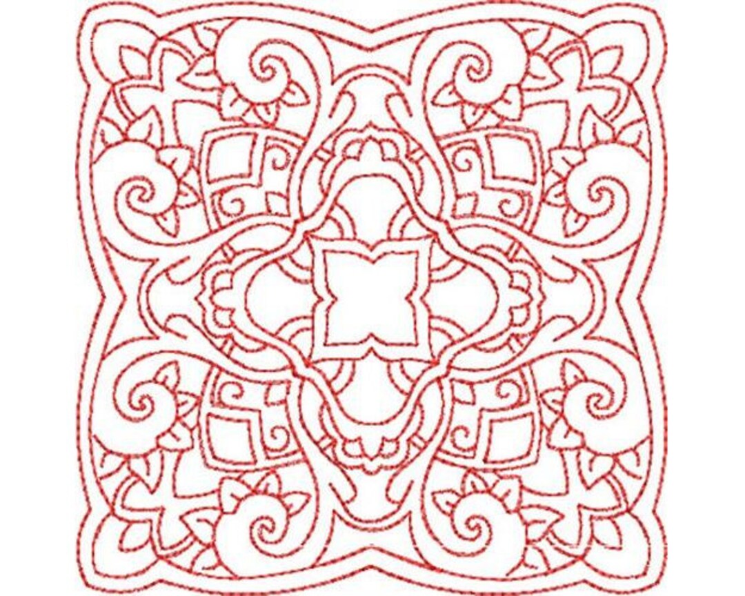 Redwork Block Pattern Machine Embroidery Design, Floral Redwork ...
