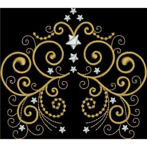 May include: A gold and silver decorative design with a swirling pattern and stars. The design is on a black background.