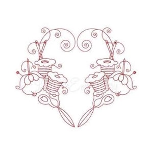 Redwork Sewing Notions - Machine Embroidery Design, Redwork Heart Embroidery, Pin Cushion, Sewing Thread & Needles, I Love Sewing Design