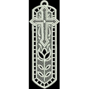 May include: White lace bookmark with a cross and a flower design.