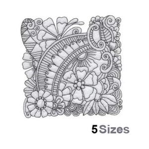 May include: Black and white line art design featuring a floral pattern with swirls and circles. The design is in a square shape and has an intricate, detailed style.