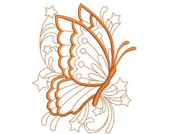 Butterfly And Stars - Machine Embroidery Design, Butterfly Outline Embroidery Pattern, Spring Butterfly Embroidery Design