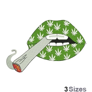 May include: Green lips with a marijuana leaf pattern, smoking a joint.