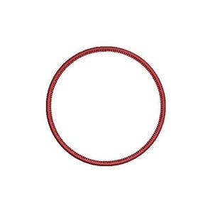 May include: A red embroidered circle on a white background. The circle is a continuous line of closely spaced stitches, creating a textured appearance. The design is simple and graphic.