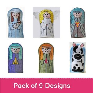 May include: A set of nine finger puppets featuring characters from the Nativity story, including Mary, Joseph, the baby Jesus, an angel, a shepherd, a cow, and a donkey. The puppets are made of felt and are brightly colored. "Pack of 9 Designs" is written on a pink banner at the bottom of the image.