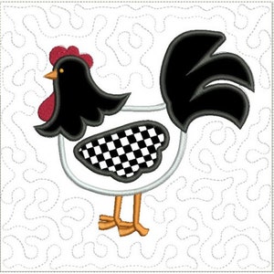 May include: A black and white checkered chicken applique with a red comb and wattle. The chicken is on a white background with a swirling pattern.