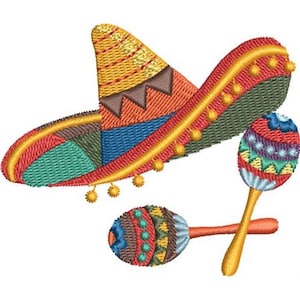 Fiesta Sombrero - Machine Embroidery Design, Cinco De Mayo Embroidery Pattern, Maracas Embroidery Design, Sombrero Embroidery Design