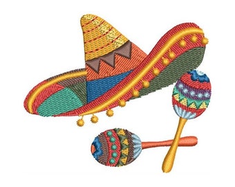 Fiesta Sombrero - Diseño de bordado a máquina, Patrón de bordado del Cinco de Mayo, Diseño de bordado de maracas, Diseño de bordado de sombrero