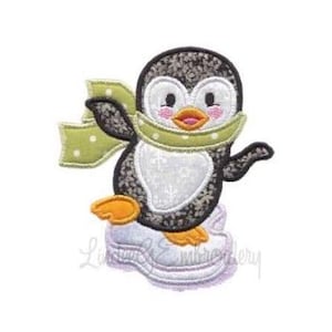 May include: A whimsical penguin design with a black and white body, wearing a light green scarf with white polka dots. The penguin has orange feet and a matching beak, standing on a white ice skate. The design is set against a white background.
