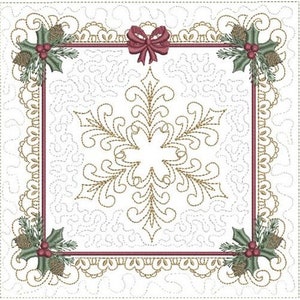 May include: A white square with a gold snowflake design in the center. The snowflake is surrounded by a gold border with a red and gold border around the outside. The corners of the square have a green holly and red berry design.