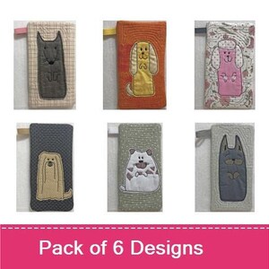 May include: A set of six colorful fabric pouches with embroidered animal designs. The pouches feature a variety of animals, including dogs, cats, and a rabbit. The pouches are perfect for storing small items, such as jewelry, coins, or keys.