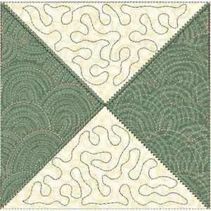 May include: A square quilt block featuring a geometric design. The block is made from four different fabrics, each with a unique pattern. The fabrics are a light cream with a dark green swirl pattern, a dark green with a light cream swirl pattern, a light cream with a dark green organic pattern, and a dark green with a light cream organic pattern.