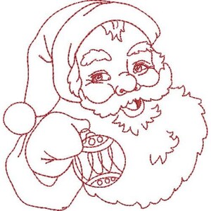 May include: A line drawing of Santa Claus holding a Christmas ornament. The drawing is in red and white.