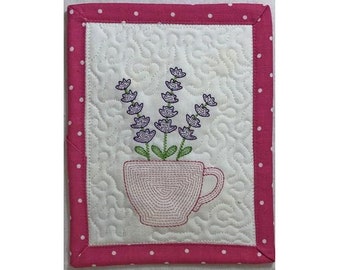 ITH Light Bloom Mug Rug - Machine Embroidery Design, Quilted In The Hoop Floral Bloom Mug Rug, Teacup Lavenders, Includes Instructions