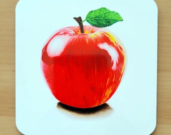 Red Apple Coaster – Detailed Coloured Pencil Fruit Illustration, Art Cork Drink Mat