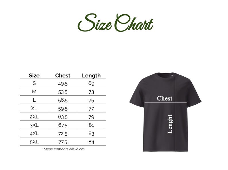 May include: A size chart for a black t-shirt, with chest and length measurements in centimeters. Sizes range from S to 5XL. The text "Size Chart" is in a green, cursive font. A black t-shirt is shown with chest and length indicators.