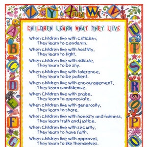 Los niños aprenden lo que viven - DESCARGA DIGITAL - NO es una impresión, solo poema, apto para enmarcar, póster infantil/arte mural, padres/nietos