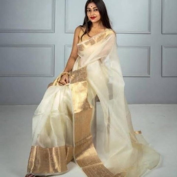 Nouveau sari classique en soie de soie avec une belle bordure dorée et une personnalisation de la blouse sans couture disponible