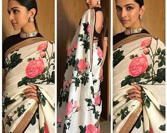 Designer deepika padukone satin silk floral saree with blouse, soft fabric, embroidered blouse and lace work