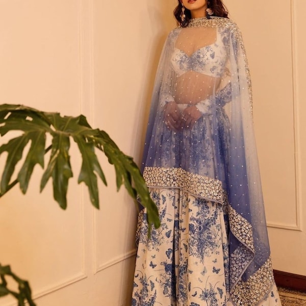 Designer blue ,white floral lehnga with mesh dupatta, silk material, lehnga choli, wedding outfit, ,parties, reception, stitching available